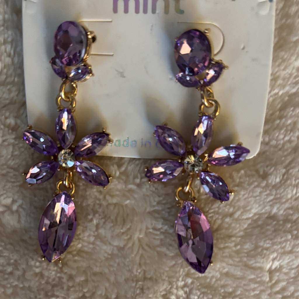 Mint Gold-Tone Purple Crystal Floral Drop Earrings